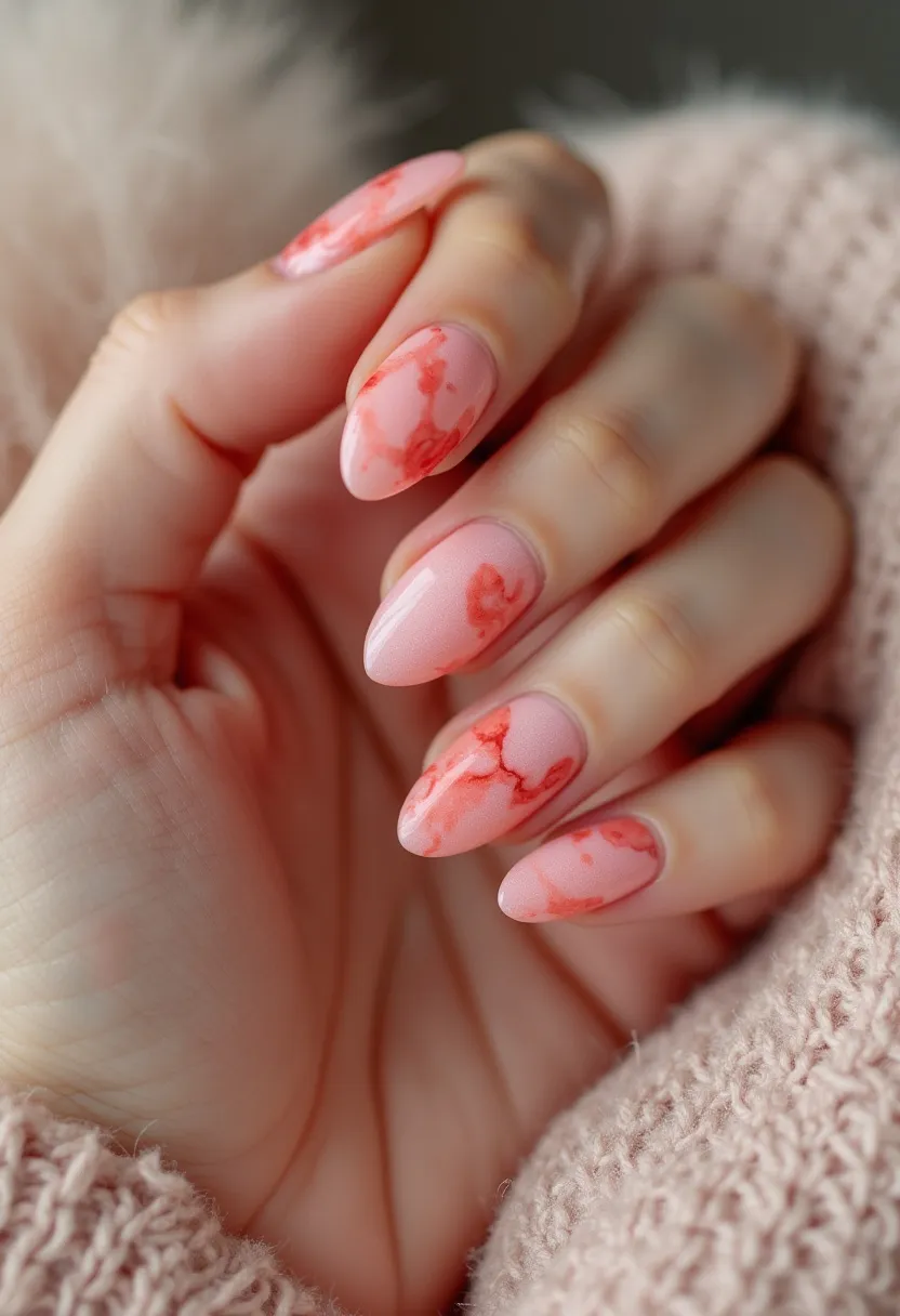 The nail design features almond-shaped nails coated in a delicate pink base color, accentuated with intricate red marble patterns. There is a blend of soft and vibrant hues that create a visually appealing contrast, suggesting a subtle yet elegant theme. The polished finish and glossy look indicate a gel treatment, providing durability and long-lasting shine. The design’s detailed marbling lends a unique and sophisticated touch, making it suitable for various occasions, from everyday wear to special events. The choice of colors and patterns suggests a romantic or springtime theme, adding a fresh and stylish flair to the nails.