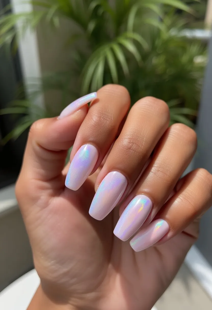 The nails feature a refined and elegant design characterized by a light, iridescent, holographic polish that gives off shimmery blue, pink, and purple tones, depending on how it catches the light. The nails are medium to long in length and have a coffin shape with square tips. The finish appears glossy, suggesting the use of a gel or shellac treatment. This nail design could be suitable for a variety of occasions, from everyday wear to special events, and it exudes a delicate, ethereal, and polished look that could be particularly appealing for spring and summer seasons. There are no additional intricate patterns or decorations, allowing the holographic effect to be the central focus of the design.