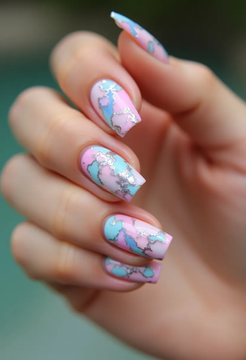 The nail design features a pastel color palette with shades of pink and light blue, creating a dreamy and whimsical appearance. The nails are medium-length and have a squoval shape, combining the elegance of square edges with the subtle roundness of oval nails. Intricate marbling patterns with silver accents adorn each nail, giving them a luxurious and artistic look. This design appears to be achieved through gel treatment, which ensures a glossy and durable finish. The delicate and vibrant patterns suggest a fun and playful theme, suitable for spring or summer seasons, or for special occasions like weddings or festive celebrations.