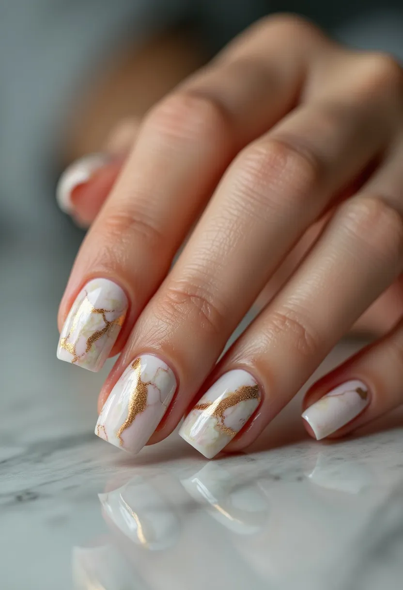 The nail design features a sophisticated and elegant marble effect with a creamy white base color. The nails are square-shaped with a moderate length, providing a classic and timeless appearance. The intricate pattern includes delicate gold veining, giving the design a luxurious and refined touch. This effect suggests a gel treatment, known for its durability and glossy finish. The design's chic and opulent nature makes it suitable for special occasions such as weddings or formal events, while the neutral color palette ensures versatility across different seasons. Unique details like the gold accents add a festive and celebratory element to the overall look.