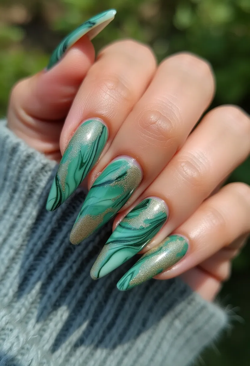 The nail design features a sophisticated and eye-catching palette dominated by shades of green combined with subtle golden glitter accents. The nails are shaped in a long, tapered almond style, which adds an elegant and refined touch. The intricate patterns present a fluid, marble-like effect, with darker green swirls elegantly blending with lighter shades, enhanced by the delicate glitter that adds a touch of glamor. This suggests an acrylic nail treatment, providing a durable and polished finish. The overall look is sophisticated and could be perfect for the autumn season, evoking themes of nature or a special occasion that calls for a touch of elegance and artistry.