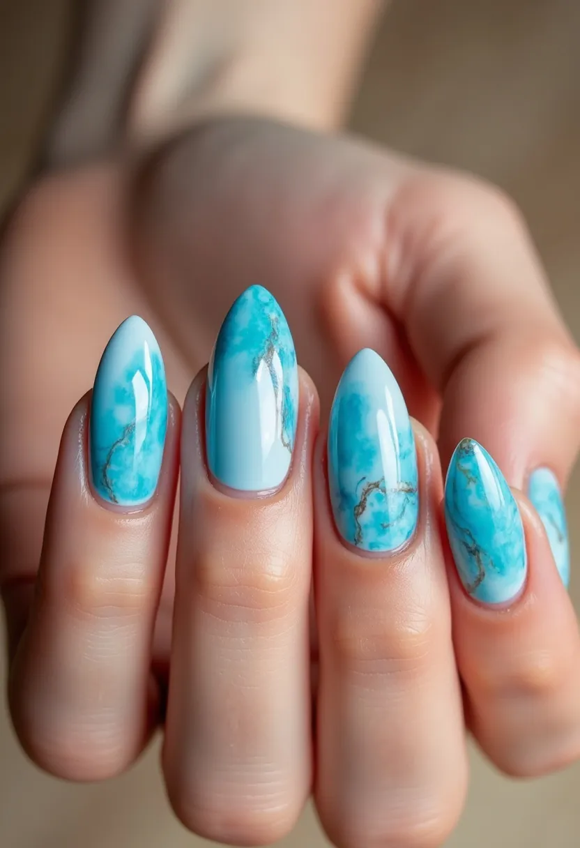 The nail design features an enchanting blue and white color palette with marbled patterns, which create a luxurious and sophisticated look. The nails are shaped in a stiletto style, adding a sharp and edgy elegance. The marbling effect, which includes subtle veining in shades of gold and silver, makes the design look both intricate and artistic. The use of gel polish enhances the glossy finish and durability, ensuring the design remains vibrant and long-lasting. This nail art could be perfect for seasons like summer or special occasions that call for an elegant yet unique statement.