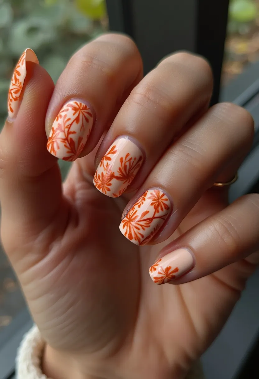 This nail design features a delicate and warm color palette consisting of a soft, nude or beige base color and vibrant, detailed orange floral patterns. The nails are medium in length and have a square shape with slightly rounded edges, providing a modern and tidy appearance. The intricate floral designs add a touch of art and elegance to the overall look, making the nails a perfect choice for the autumn season or a special occasion like Thanksgiving. The glossy finish suggests a gel or shellac nail treatment, providing durability and a polished look. The combination of the nude background and striking orange florals demonstrates a harmonious blend of subtlety and boldness.