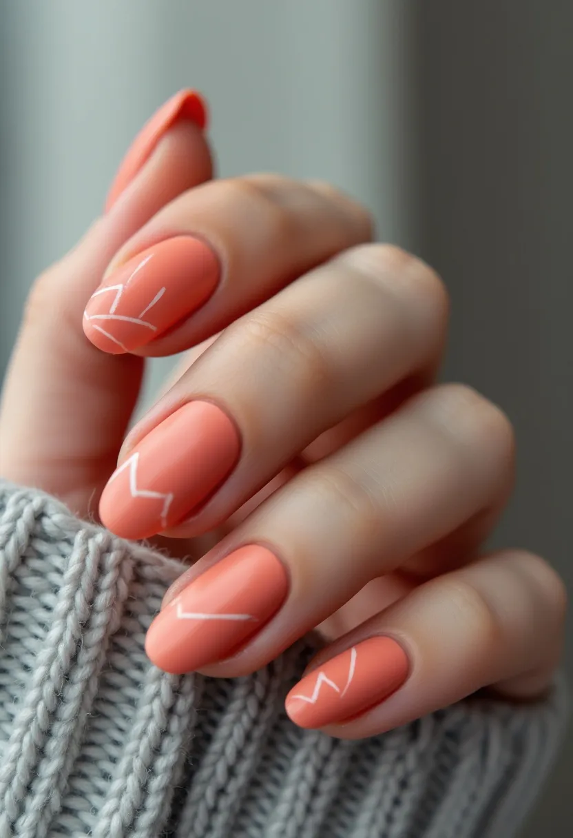 This nail design showcases a medium length, oval-shaped nails treated with a gel or shellac finish for a glossy and durable appearance. The color palette is a warm, muted orange, which adds a vibrant yet sophisticated touch. Each nail features minimalist white line art, introducing a subtle yet artistic element to the overall look. The simplicity and elegance of the design make it versatile for any season, though it may especially compliment spring and summer wardrobes. The understated decoration and neat shape suggest suitability for both casual and more formal occasions.