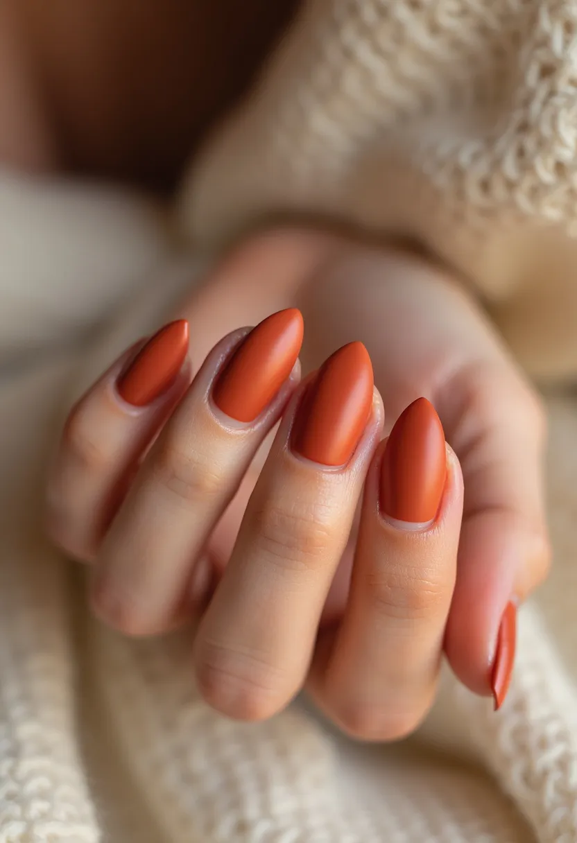 The nail design features a warm, autumnal color palette with a rich, matte burnt orange hue that covers the entire nail surface uniformly. The nails are shaped into a sleek, pointed almond shape that adds a touch of elegance and sophistication. The polish used appears to be a type of gel or shellac treatment, providing a smooth and long-lasting finish. This nail design is simplistic yet striking, making it suitable for the fall season, capturing the essence of autumn leaves and cozy vibes. The minimalist approach with the single color and matte texture highlights the natural beauty of the nail shape without any additional intricate patterns or decorations.