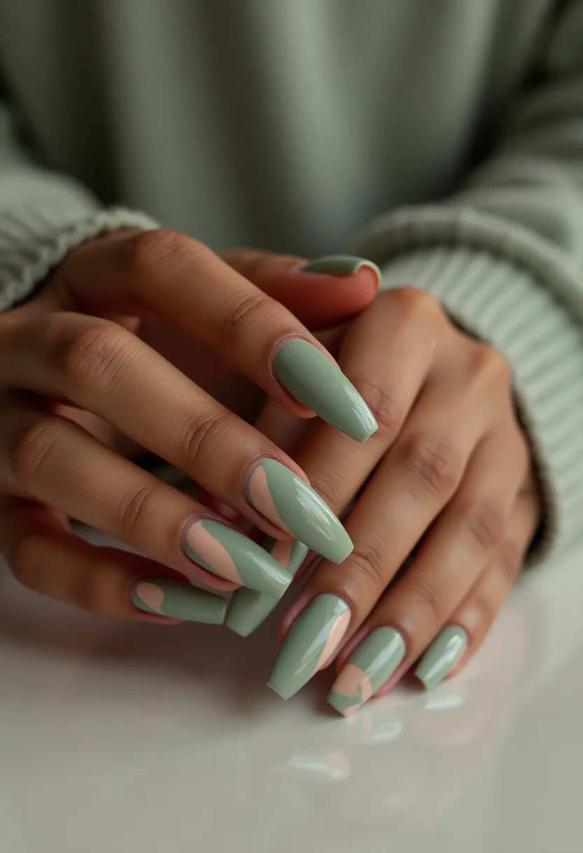 The nail design features a stylish and cohesive color palette dominated by a soft sage green and complemented by a light peachy pink. The nails are shaped into a long, squared style, which adds a sense of elegance and modernity. The design includes intricate and abstract patterns where the peachy pink color swirls in a fluid manner, creating an artistic contrast against the solid sage green base. The nails appear to be coated with a glossy finish, possibly indicating a gel or shellac nail treatment that provides a shiny and durable look. This sophisticated design is versatile enough for various occasions, and its gentle hues make it suitable for a spring or summer theme.