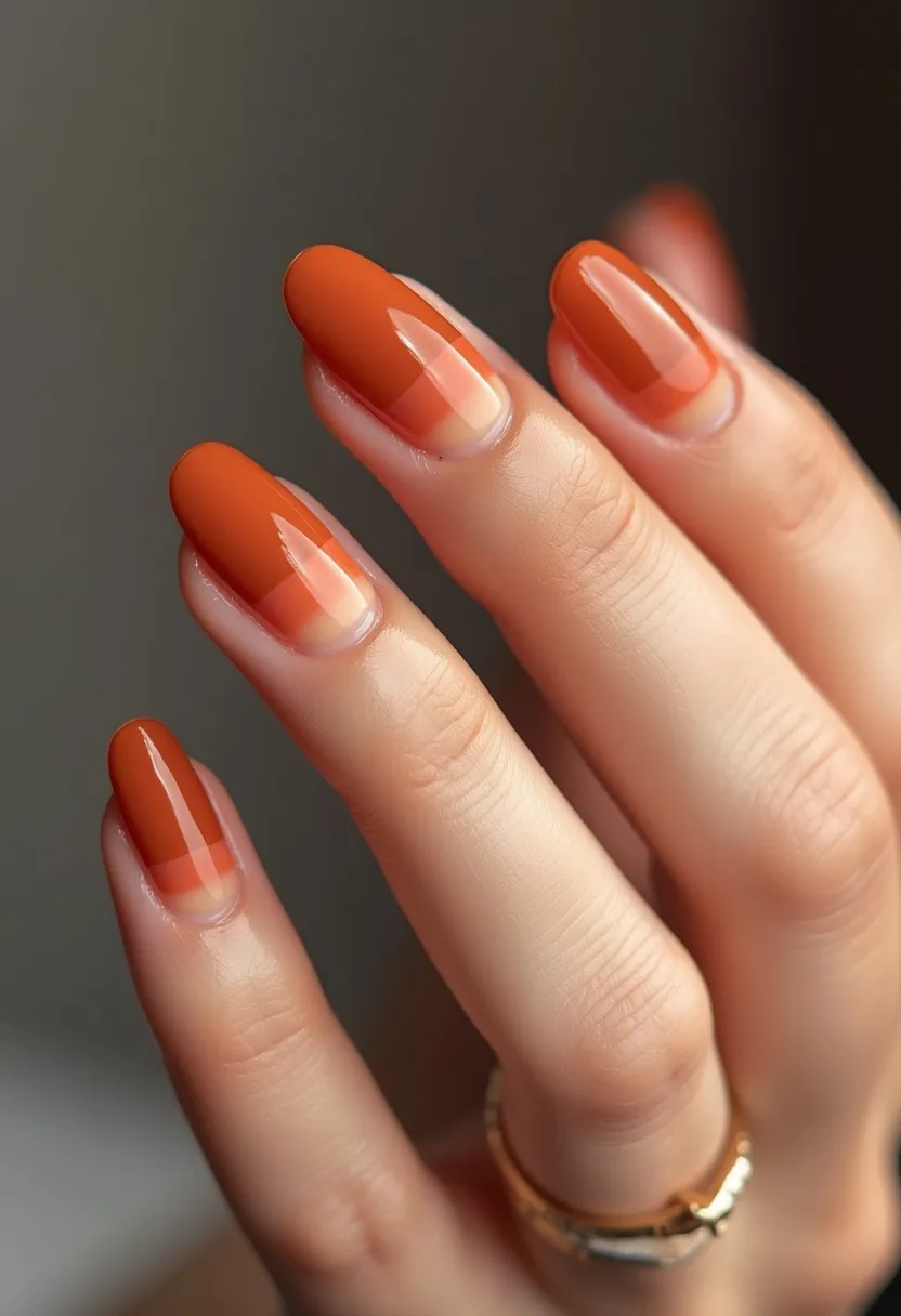 The nail design features a striking and glossy deep orange color, indicative of a fall or autumn seasonal theme. The nails are almond-shaped and have a smooth, rounded tip, providing a classic and elegant appearance. The gloss and finish suggest a gel treatment, known for its durability and high-shine effect. The color is consistent and solid across each nail, without additional intricate patterns or decorations, emphasizing a clean and sophisticated look. This nail design would be appropriate for various occasions, balancing both casual and formal styles with a warm and trendy palette.