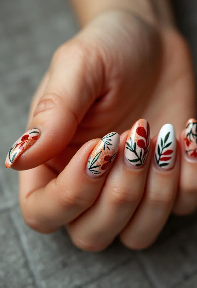 The nail design features an elegant and intricate floral pattern, ideal for an autumn theme. The nails are almond-shaped, providing a sophisticated canvas for the artwork. The color palette predominantly includes warmer hues such as white, orange, and rust, complemented by green leaves. Each nail showcases detailed botanical illustrations with branches, leaves, and berries, accented by a shimmering orange gradient at the tips. This style appears to be created using gel polish, ensuring a glossy and long-lasting finish. The design's intricate details and earthy tones suggest a theme perfect for fall or a special occasion celebrating the harvest season.