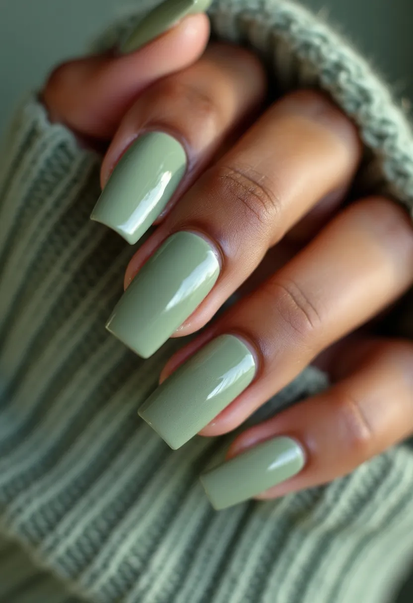 The nail design features a muted sage green color palette, which is both subtle and sophisticated. The nails are shaped in a neatly squared-off style, which complements the monochromatic color choice. The finish appears to be smooth and glossy, suggesting that a gel treatment may have been used to achieve the lustrous effect. There are no additional intricate patterns or decorations present, emphasizing the minimalist elegance of the design. This color and style combination makes it versatile for any season, though the muted green has a particularly autumnal feel that could be perfect for fall. The overall effect is chic and understated, suitable for both casual and formal occasions.