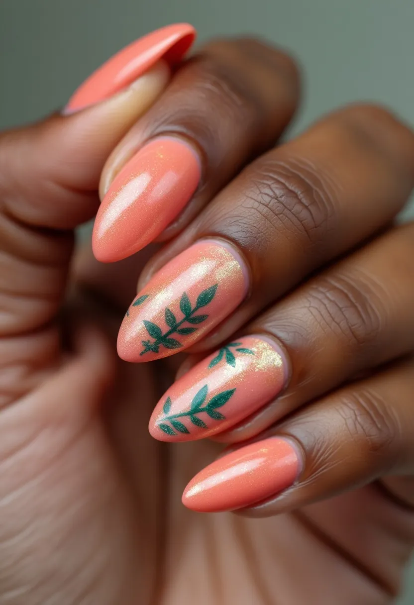 The nail design features a vibrant coral color palette accentuated by a subtle shimmer, ideal for a lively and fresh appearance. The nails are artistically shaped into an almond form, contributing to a sleek and elegant look. Each nail is adorned with intricate green leaf patterns, offering a striking contrast against the coral base, and echoing nature-inspired themes. The treatment appears to be gel, which ensures a glossy and durable finish. The overall design is perfect for spring or summer, radiating a fresh and botanical vibe suitable for the warmer seasons and outdoor occasions.