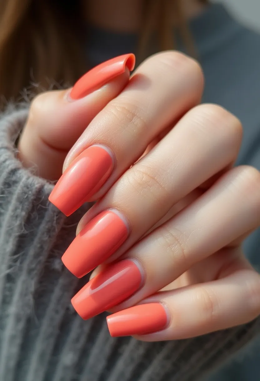 This nail design features a striking color palette dominated by a vivid coral hue, exuding a bright and cheerful vibe. The nails are shaped in a medium-long, squared-off style, which adds a touch of elegance and modernity. The treatment appears to be either gel or shellac, as evidenced by the smooth, glossy finish that reflects light effortlessly. There are no intricate patterns or decorations on the nails, allowing the bold color to take center stage. The simplicity and vibrant shade suggest a summery theme, ideal for the warm season or lively occasions. The uniformity and precision of the application highlight a professional touch.