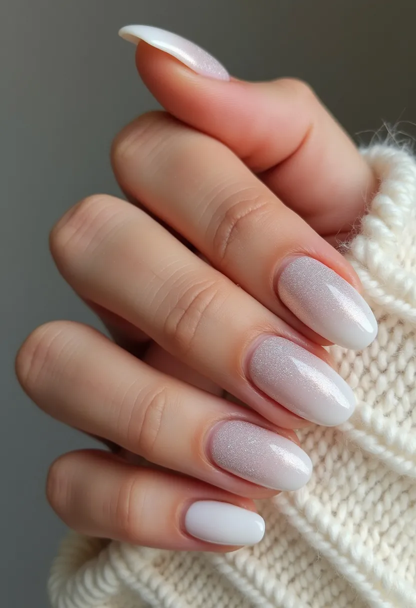 The nail design features a soft and elegant color palette, predominantly showcasing shades of white and light pink with a hint of sparkle. The nails are shaped in a medium-length almond style, enhancing their overall sophistication. Each nail is meticulously coated using either gel or shellac treatment, ensuring a durable and glossy finish. The nails exhibit a gradient effect with a subtle, almost ombre transition from a solid white base to a shimmering, pearlescent pink towards the tips. This design is particularly well-suited for winter or festive occasions due to its frosty and ethereal appearance, reminiscent of glistening snow. The meticulous application and the shimmering detail give it a festive yet classy look, perfect for special events or holiday seasons.