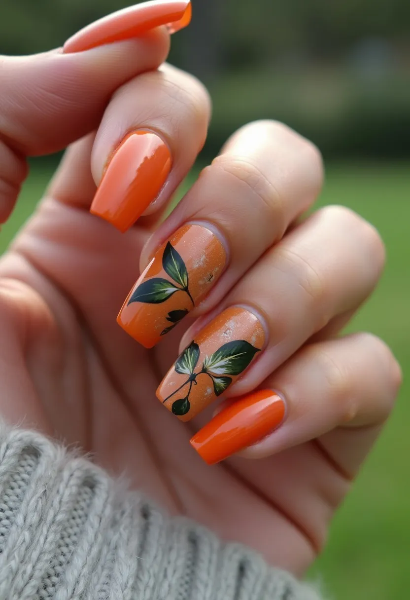 The nail design features a vibrant orange color palette that serves as the base for the design. The nails are shaped in a long, tapered square style, providing ample space for detailed artwork. Two of the nails are adorned with intricate leaf patterns in shades of green with fine detailing, creating a striking contrast against the orange background. The design appears to be achieved with gel polish due to its glossy finish and durability. The incorporation of leaf motifs suggests a seasonal theme, possibly for autumn, as it evokes a natural and earthy aesthetic. The overall look is elegant and visually appealing, making it suitable for special occasions or festive celebrations.