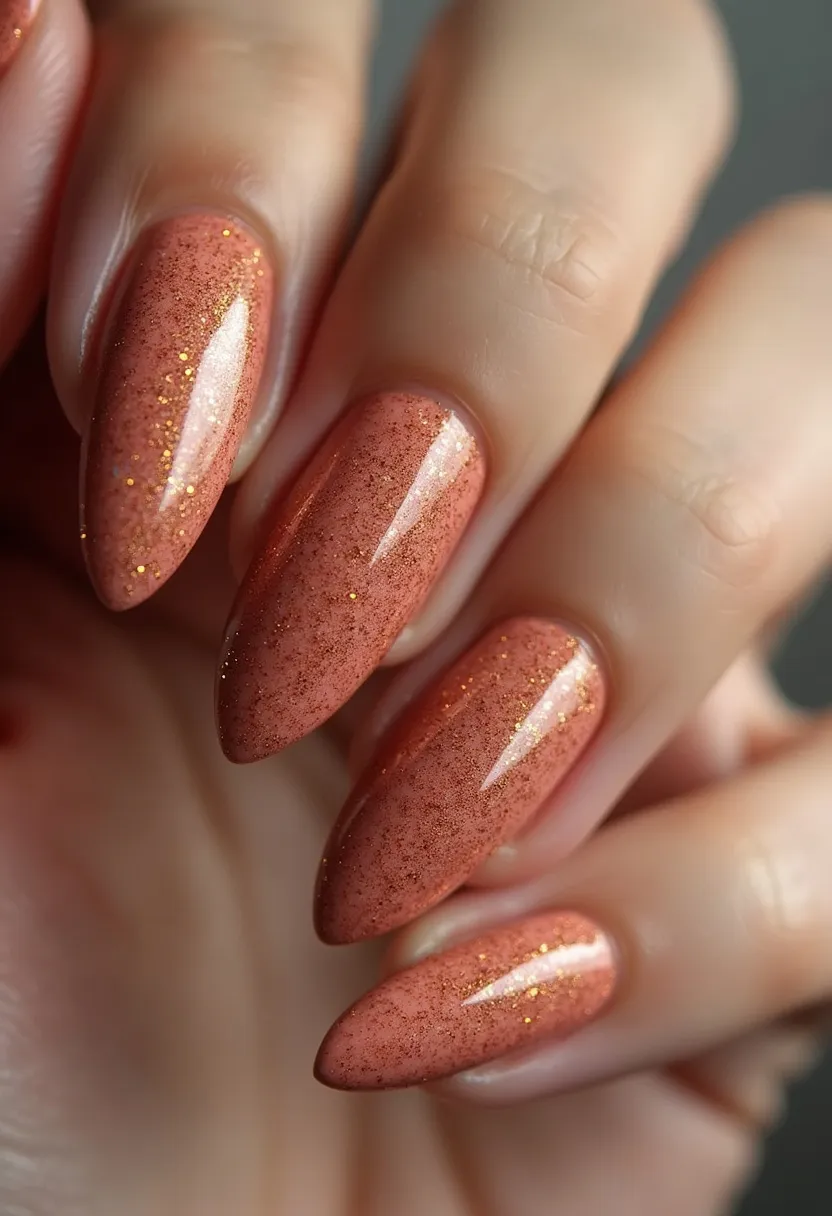 The nail design features a warm, autumnal color palette with a burnt orange base interspersed with fine gold glitter flakes, creating a festive and cozy look suitable for the fall season. The nails are shaped in a medium-length almond form, providing a feminine and elegant appearance. The treatment appears to be gel-based, ensuring a glossy and smooth finish with longer durability. The subtle yet intricate glitter accents add an element of glitz without overwhelming the overall aesthetic, making this design appropriate for both casual wear and special autumn gatherings.