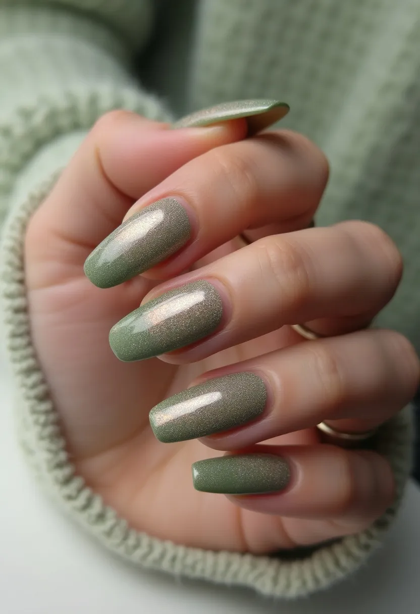 The nail design features a sophisticated, metallic sage green shade that shimmers subtly under the light. The nails are shaped into a medium-long coffin/ballerina form, providing a chic and elongated appearance. The polish appears to be a gel treatment, offering a glossy and durable finish that enhances the reflective quality of the color. This nail look incorporates a minimalist aesthetic devoid of additional intricate patterns or decorations, which allows the unique hue and shimmer to stand out. The color palette and design suggest a versatile style appropriate for any season or occasion, offering an elegant yet understated look.