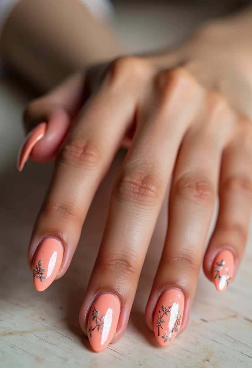 The nail design features a soft peach color as the base, providing a fresh and elegant look. The nails are shaped into a rounded almond style, which complements the overall aesthetic. Adding to the allure, each nail is adorned with intricate floral patterns, comprised of small, delicate flowers and leaves with hints of metallic detailing, likely in gold or silver. The surface of the nails has a glossy finish, indicating that the treatment is either gel or shellac, offering a sleek and durable appearance. This design carries a subtle, fresh spring feel, making it perfect for seasonal occasions where a touch of nature and sophistication enhances the look.