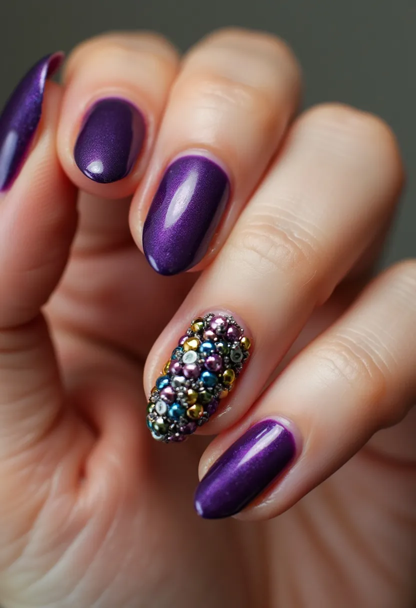 The nail design features a rich, deep purple color palette, with the nails shaped into a medium-length oval form. This nail treatment appears to be gel, giving the nails a glossy, polished finish. A striking element of this design is the third nail, which is adorned with a myriad of small, metallic beads in various colors including gold, silver, blue, purple, and green, assembled in a densely packed, intricate pattern. The decorated nail has a textured, three-dimensional appearance, adding an accent that stands out from the rest. This luxurious and festive design is perfect for special occasions or holiday events, combining elegance with a touch of glamour.