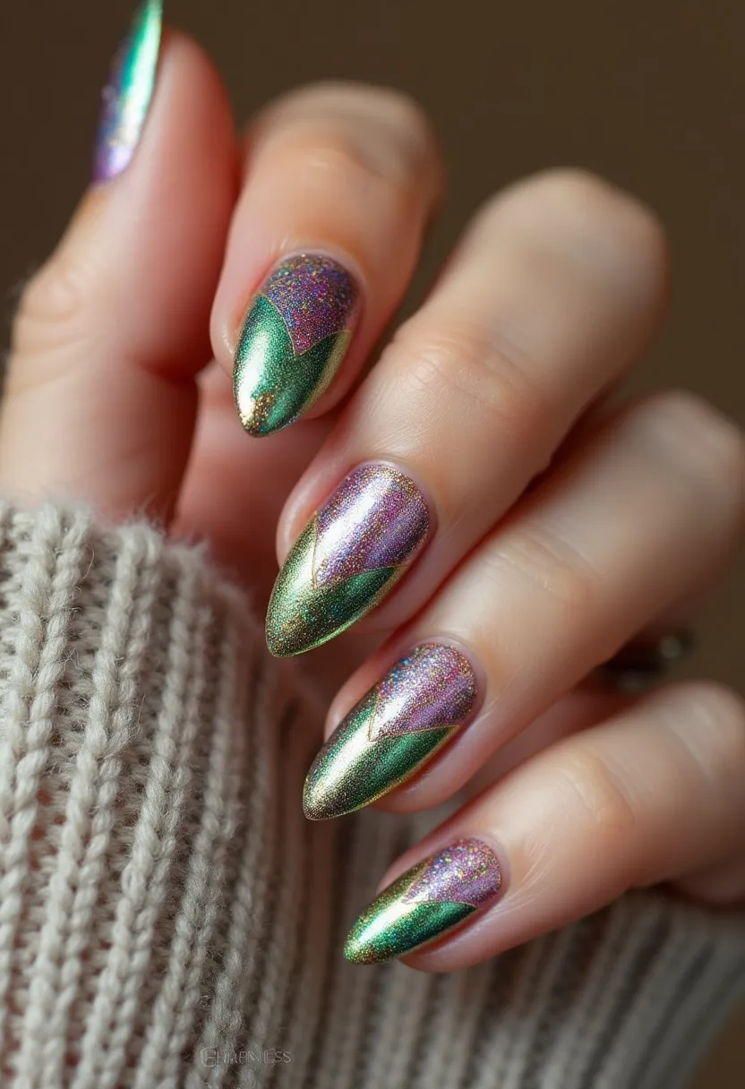 The nail design features a sophisticated palette of shimmering green and pastel purple hues, giving them an iridescent quality. The nails are filed into a sleek almond shape, contributing to an elegant overall appearance. The design showcases an intricate pattern where the green and purple colors intersect in a V-shaped, almost leaf-like pattern at the tip, creating a visually appealing contrast. This glossy finish suggests a gel or shellac nail treatment, adding durability and shine. The combination of the metallic shimmer and careful detailing also gives the nails a festive feel, making them suitable for special occasions or a seasonal theme, such as the holiday season. The unique blending of colors and the reflective quality of the polish stand out as key highlights of this design.