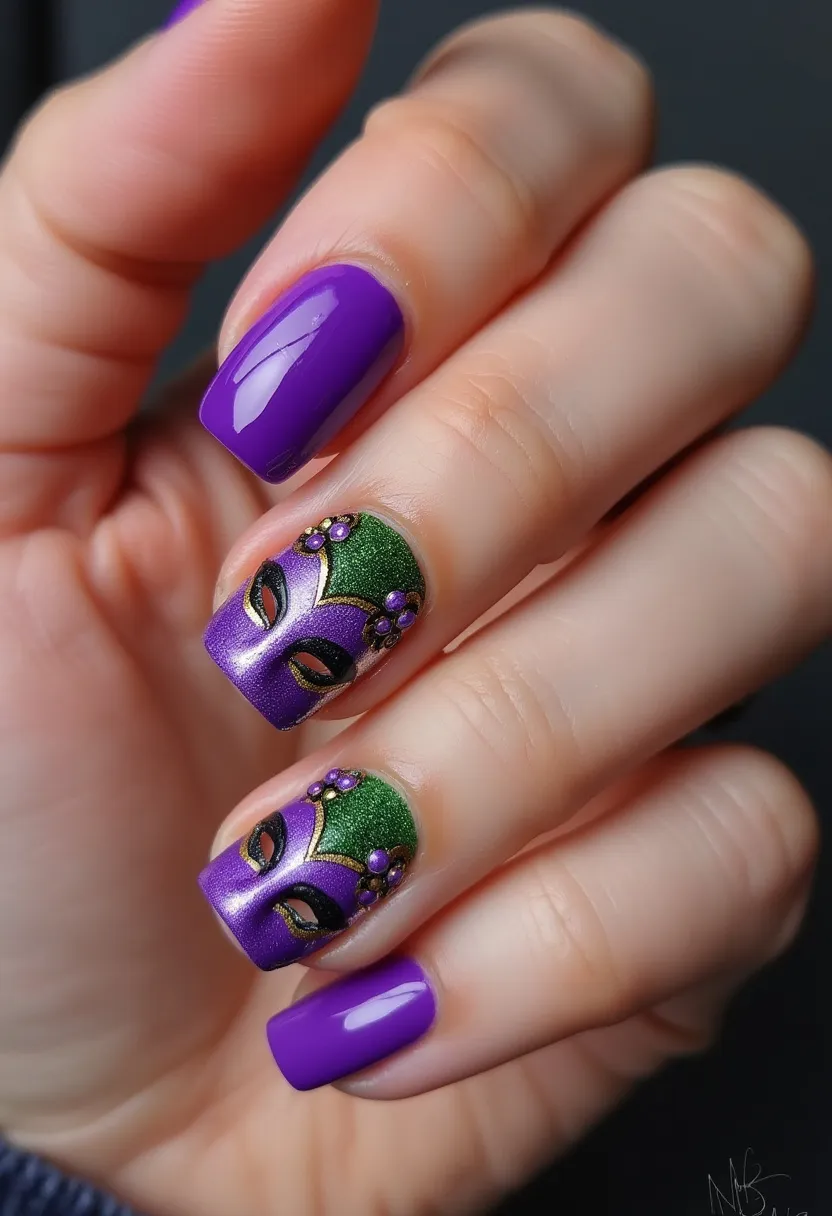 The nail design showcases a vibrant color palette featuring predominantly purple and green hues. The nails are shaped in a medium length square form. The two middle nails display intricate decorative patterns resembling masquerade masks, adorned with tiny, delicate flowers and gemstones adding a touch of sparkle and elegance. The masks combine both the primary purple color with a glittery green, accentuated by black and gold details that enhance the mask design. The use of gel treatment is evident from the glossy, high-shine finish of the nails. This detailed and themed nail art design is suitable for festive occasions, such as Mardi Gras or a masquerade ball, due to its elaborate and celebratory aesthetic.