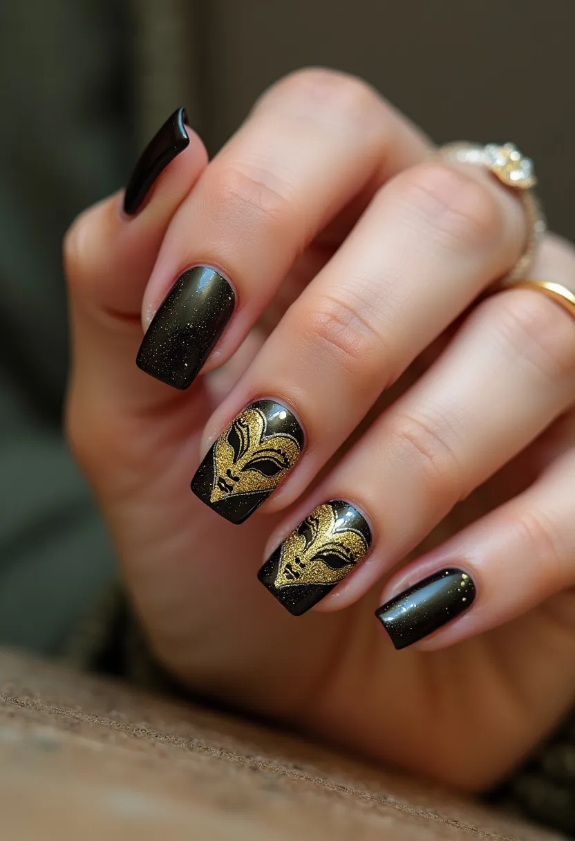 The nail design features a sleek black color palette with a glossy finish, possibly achieved through a gel nail treatment for its smooth and polished appearance. The nails are shaped in a rounded square style, providing a modern and chic look. A standout feature is the intricate gold decorative patterns on the ring and middle fingers, adding an elegant and luxurious touch. These patterns reflect a golden mask design, suggesting a theme suitable for a masquerade or festive event. The combination of black and gold exudes sophistication, making the design ideal for special occasions or a glamorous, high-end aesthetic.