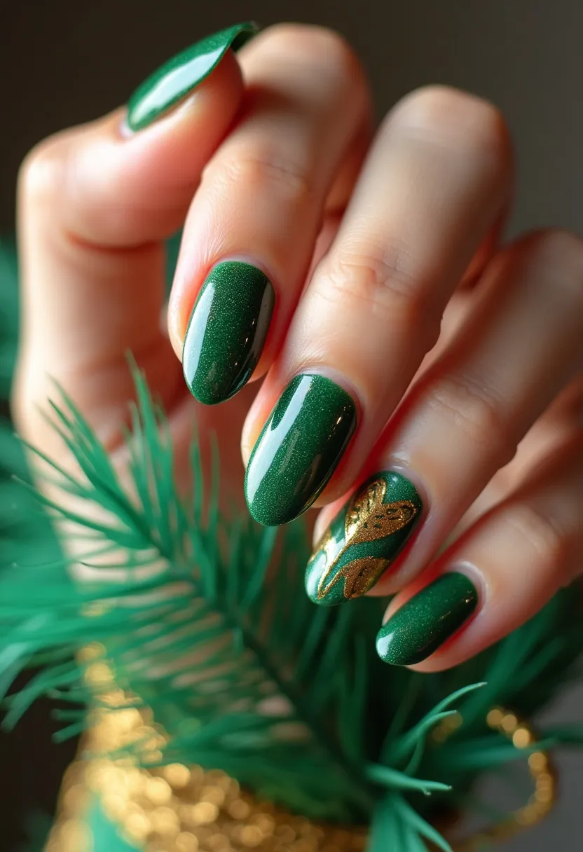 The nail design features an elegant and cohesive look, showcasing a rich, shimmery green color that covers the entire palette. The nails are shaped in a smooth, rounded almond style, enhancing a sophisticated and chic appearance. On one of the nails, there's a notable intricate gold pattern resembling leaves, providing a striking contrast against the green base and adding a touch of luxury and delicacy to the design. The glossy finish suggests that the nails were treated with a gel polish, ensuring durability and a long-lasting shine. The combination of green and gold along with the leaf motif evokes a festive and seasonal theme, making this design particularly suitable for the holidays or a special occasion requiring a touch of elegance and festivity.