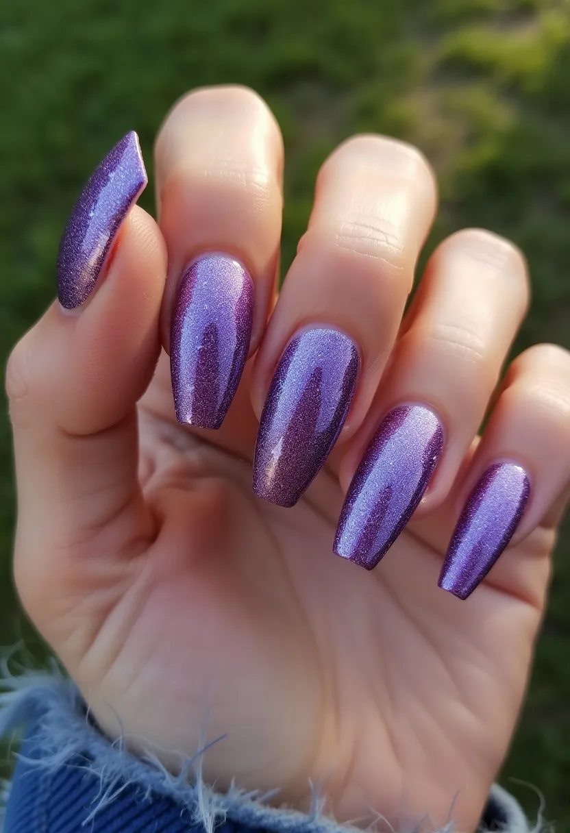 The nail design showcased features a stunning, iridescent purple color palette with a metallic shimmer, lending a luxurious and eye-catching effect. The nails are sculpted into a coffin shape, providing a chic and modern look. This particular nail treatment appears to be gel, given the smooth, glossy finish and vibrant, long-lasting color. The reflective properties of the polish add dimension and depth to the design, making it stand out. There are no additional intricate patterns or decorations, allowing the striking color and shape to take center stage. The overall aesthetic is well-suited for festive occasions or special events, radiating elegance and sophistication.