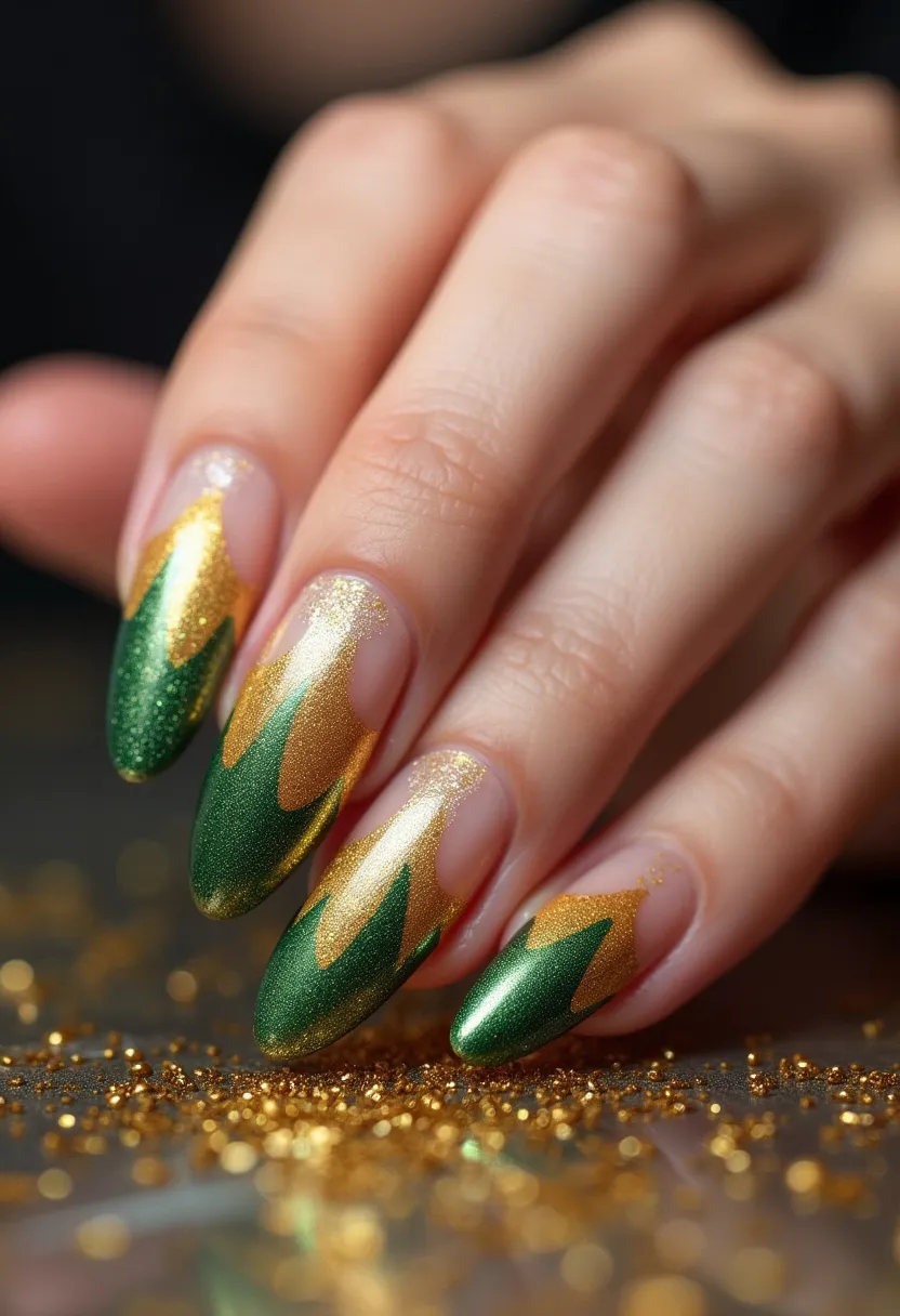 The nail design features an elegant and festive color palette primarily involving rich metallic gold and deep green shades. The nails are fashioned into a sleek almond shape, creating an elongated and refined look. The intricate pattern is reminiscent of flames or cascading leaves, with the gold polish forming an irregular flame-like design that transitions seamlessly into the green towards the tips, giving a striking and dynamic appearance. The use of shimmering gold adds a touch of glamour, suggesting the use of gel or acrylic nail treatments to achieve a flawless and glossy finish. This particular design is evocative of a seasonal or holiday theme, making it perfect for special occasions or celebratory events.