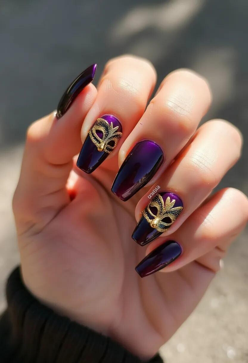 This nail design showcases an elegant and dramatic theme with a striking color palette of deep purple with subtle gradients. The nails are sculpted into a sleek stiletto shape, emphasizing a sophisticated and elongated appearance. The middle and ring fingers are intricately decorated with small gold masquerade mask charms, adding a festive and luxurious touch to the design. The high shine finish suggests a gel nail treatment, offering a glossy and enduring look. This design seems ideal for a special occasion such as a masquerade ball or a glamorous party, characterized by its rich colors and ornate decorations.