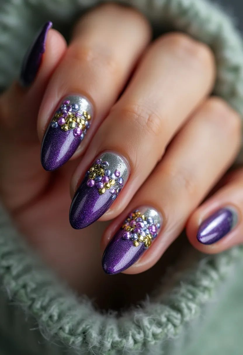 The nail design features a striking color palette of deep purple and metallic silver. The nails are shaped into an elegant almond form, enhancing the overall aesthetic. Intricate decoration is present near the cuticle area, including clusters of tiny pearls in shades of purple, pink, and gold, adding a touch of opulence and dimension. The iridescent sheen of the nails, along with their smooth, glossy finish, suggests the use of gel polish. This design could be suitable for festive occasions or the winter season, thanks to the rich, jewel-toned colors and luxurious embellishments.