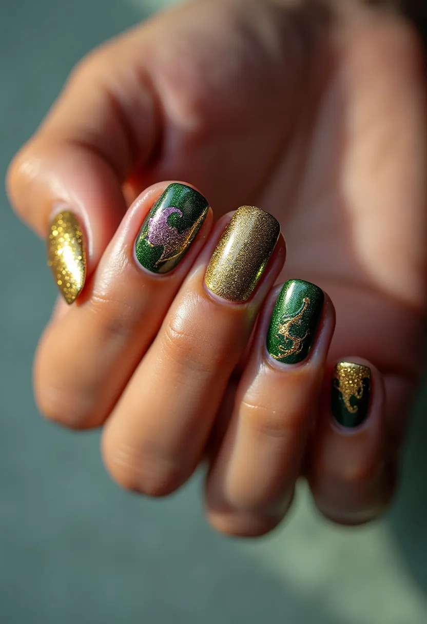 This nail design showcases a sophisticated and festive aesthetic, utilizing a rich color palette of green, gold, and hints of pink. The nails are shaped into a short, rounded style, enhancing their polished and orderly appearance. Each nail features a unique combination of designs; some are adorned entirely in a glittery gold finish, while others have a deep green base with intricate gold swirling patterns and accents of pink, adding a whimsical touch. The glitter and the reflective quality of the colors suggest a gel treatment, giving the nails a glossy and durable finish. This design's luxurious colors and ornate decorations make it particularly suitable for festive seasons or special occasions, exuding elegance and celebration.