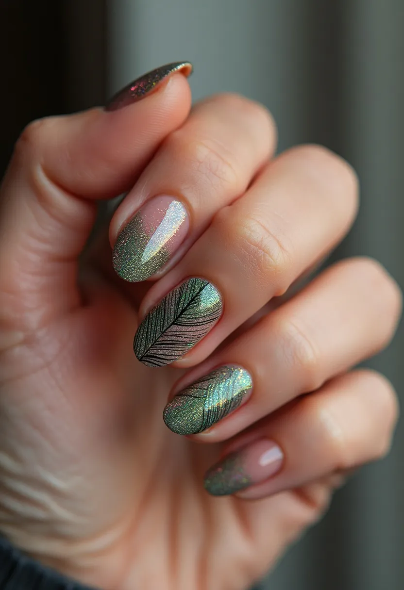 The nail design features a beautiful blend of shimmering green shades with a gradient effect that transitions from a natural pinkish base towards a more concentrated glittery green tip. The nails are medium-length and shaped in an oval form. Some of the nails include an elegant black leaf pattern overlay, adding a touch of sophistication and intricate detail. The nail treatment appears to be gel, given the high gloss and the smooth finish that is characteristic of gel nails. The overall design suggests an artistic and natural theme, perfect for a special occasion in the spring or summer, celebrating the beauty of nature.