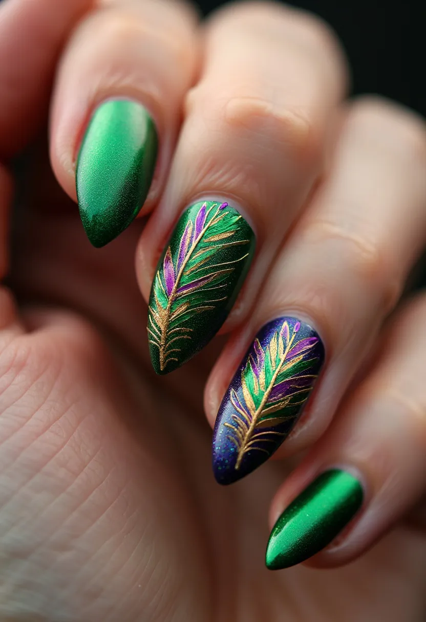 The nail design features a color palette predominantly of a lustrous emerald green and a rich, shimmering purple, with accents of gold and magenta. The nails are shaped in a sharp almond form, which gives a sleek and elegant appearance. Two nails on each hand are adorned with an intricate feather pattern, where the feathers are highlighted with gold accents, and streaks of vibrant magenta and green hues. This intricate design is most likely achieved with a gel treatment, ensuring a smooth and glossy finish that adds to the luxurious feel of the nails. The feather pattern could signify a seasonal or special occasion theme, perhaps hinting at a festive or celebratory event. The combination of the rich colors and detailed design lends an opulent and artistic quality to the nail art.