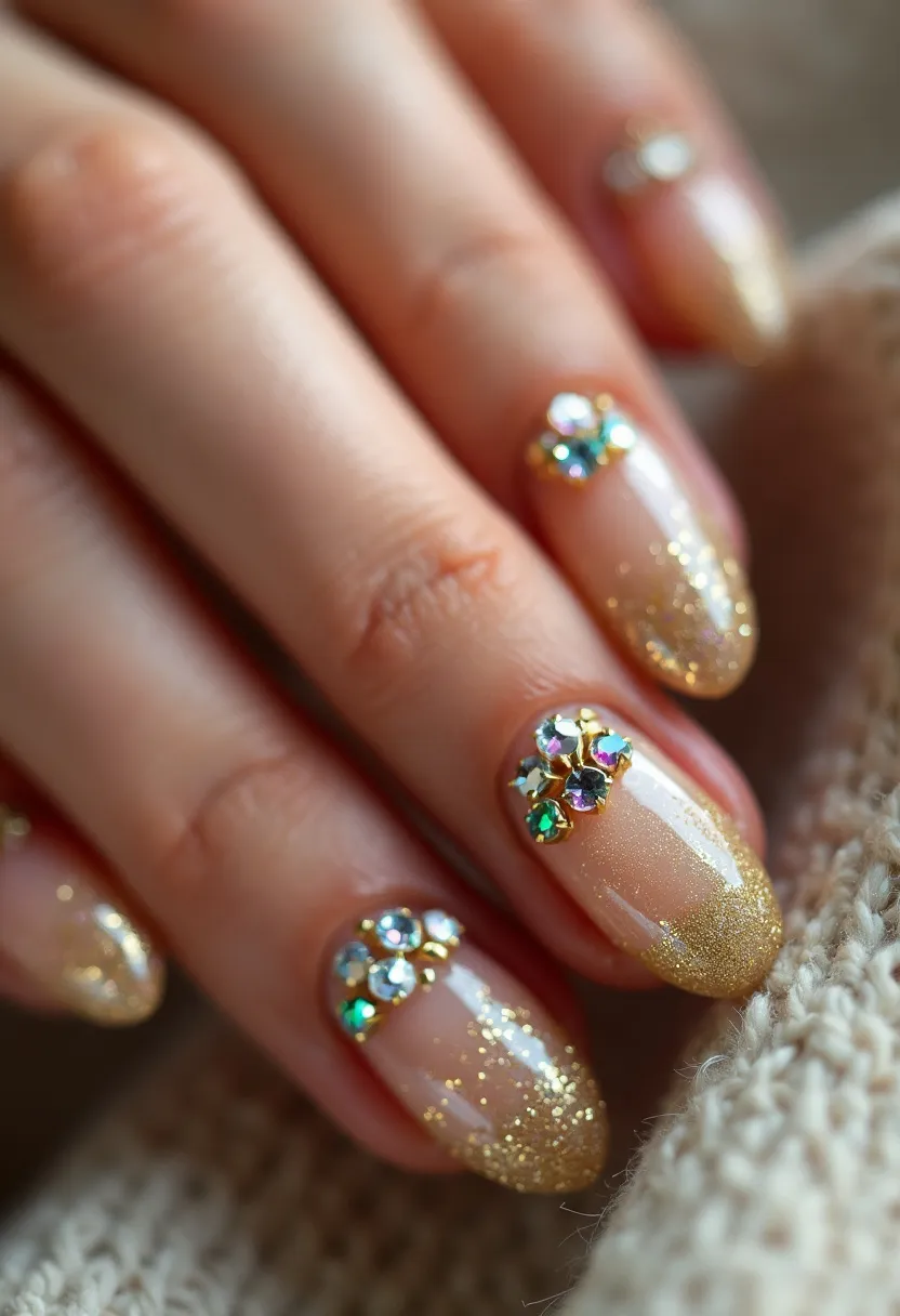 The nail design features a sophisticated and glamorous look with a color palette dominated by gold glitter. The nails are shaped into a gentle oval, providing an elegant and classic appearance. Each nail is adorned with intricate patterns of rhinestones, forming floral-like clusters near the base, which catch the light and add a stunning sparkle. The gold glitter is concentrated at the tips, creating an ombre effect that blends seamlessly into the natural nail color. This ombre glitter design suggests a professional gel or acrylic treatment, given the smooth finish and intricate rhinestone application. The overall aesthetic is suitable for festive occasions, especially around the holiday season or for special events, offering a luxurious and eye-catching appeal.