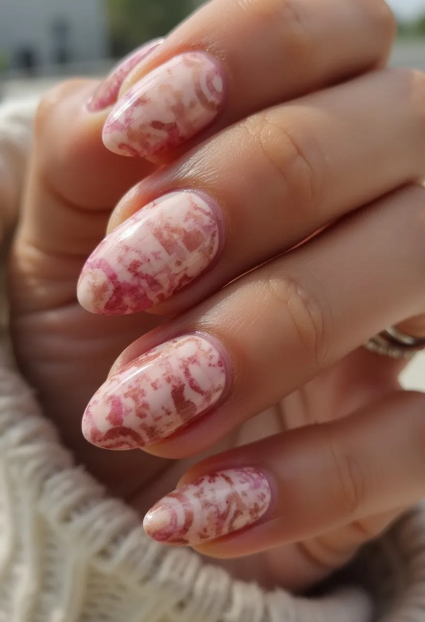 The nail design features a palette primarily consisting of shades of pink and white, giving a soft and delicate appearance. The nails are shaped in a rounded, almond style, which contributes to an elegant and feminine look. The design includes intricate marbling patterns with a mixture of light and darker pink swirls, creating a sophisticated and artistic effect. The nail treatment appears to be done using gel, ensuring a smooth and glossy finish that enhances the intricate details of the marbling. This nail design may be suited for seasonal transitions, particularly as a stylish choice for autumn, or for special events that call for a touch of subtle elegance.