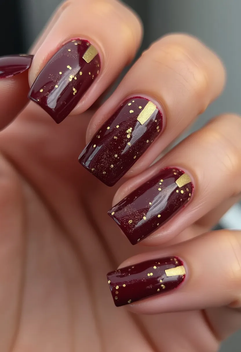 The nail design features a rich burgundy color as the base, complemented by gold glitter accents and rectangular gold foil pieces. The nails are sculpted into a medium to long square shape, adding a modern touch to the overall aesthetic. The nail treatment appears to be a gel application, providing a glossy and smooth finish that enhances the allure of the design. This elegant combination of deep burgundy with sparkling gold details gives the nails a sophisticated look, suitable for festive seasons or special occasions like holidays or formal events. The meticulous arrangement of gold elements creates a striking contrast against the dark background, making the design visually captivating and luxurious.