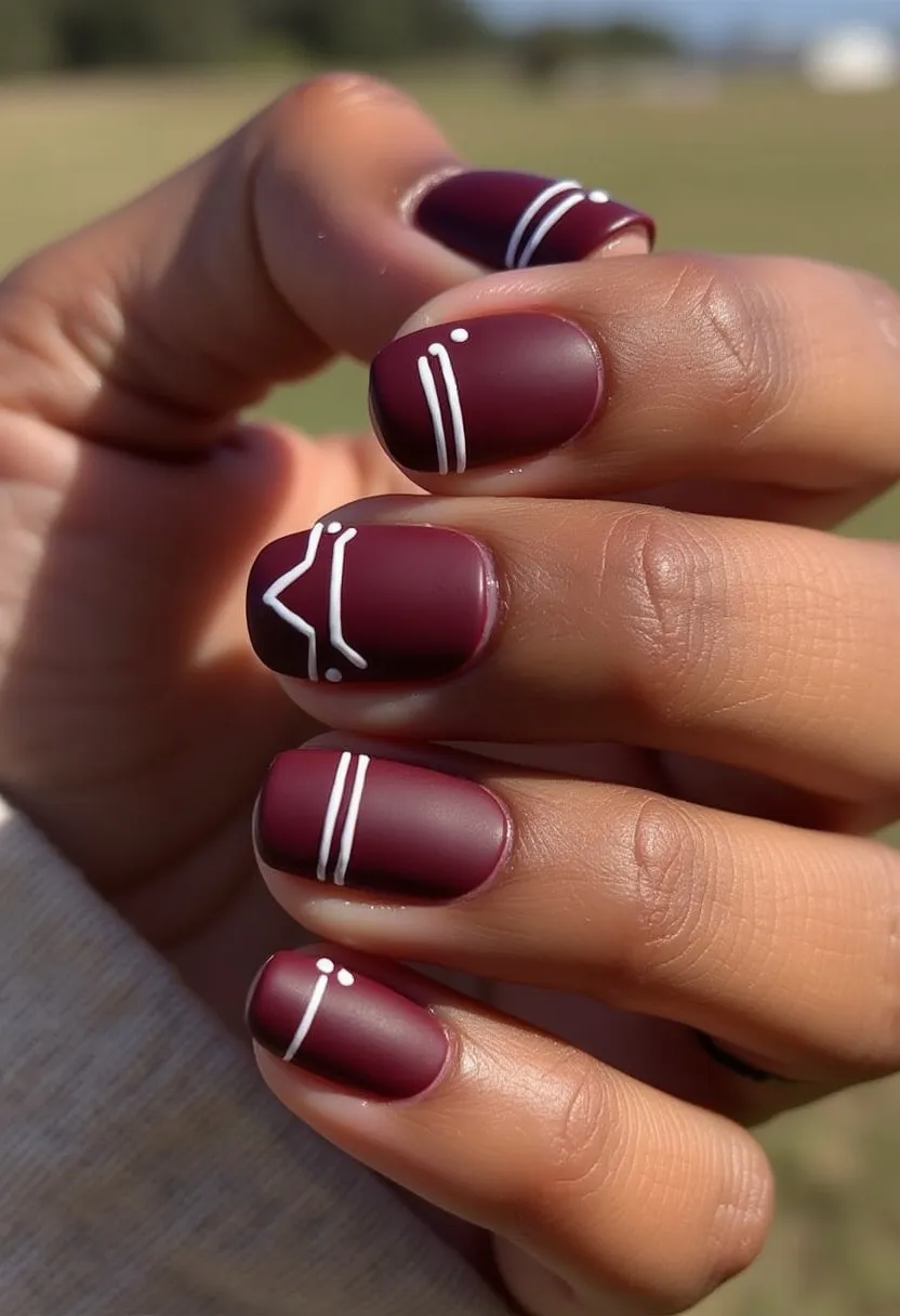 This nail design features a deep, matte burgundy color palette that provides a rich and elegant backdrop. The nails are short and oval-shaped, creating a neat and chic appearance. Each nail is adorned with minimalist white geometric patterns, including lines, dots, and angular shapes that add an artistic and contemporary flair. The design suggests the nails may have been treated with a matte gel polish, which contributes to the smooth and sophisticated finish. The overall aesthetic exudes a modern, autumnal vibe, making it suitable for the fall season or special events that call for a touch of understated elegance.