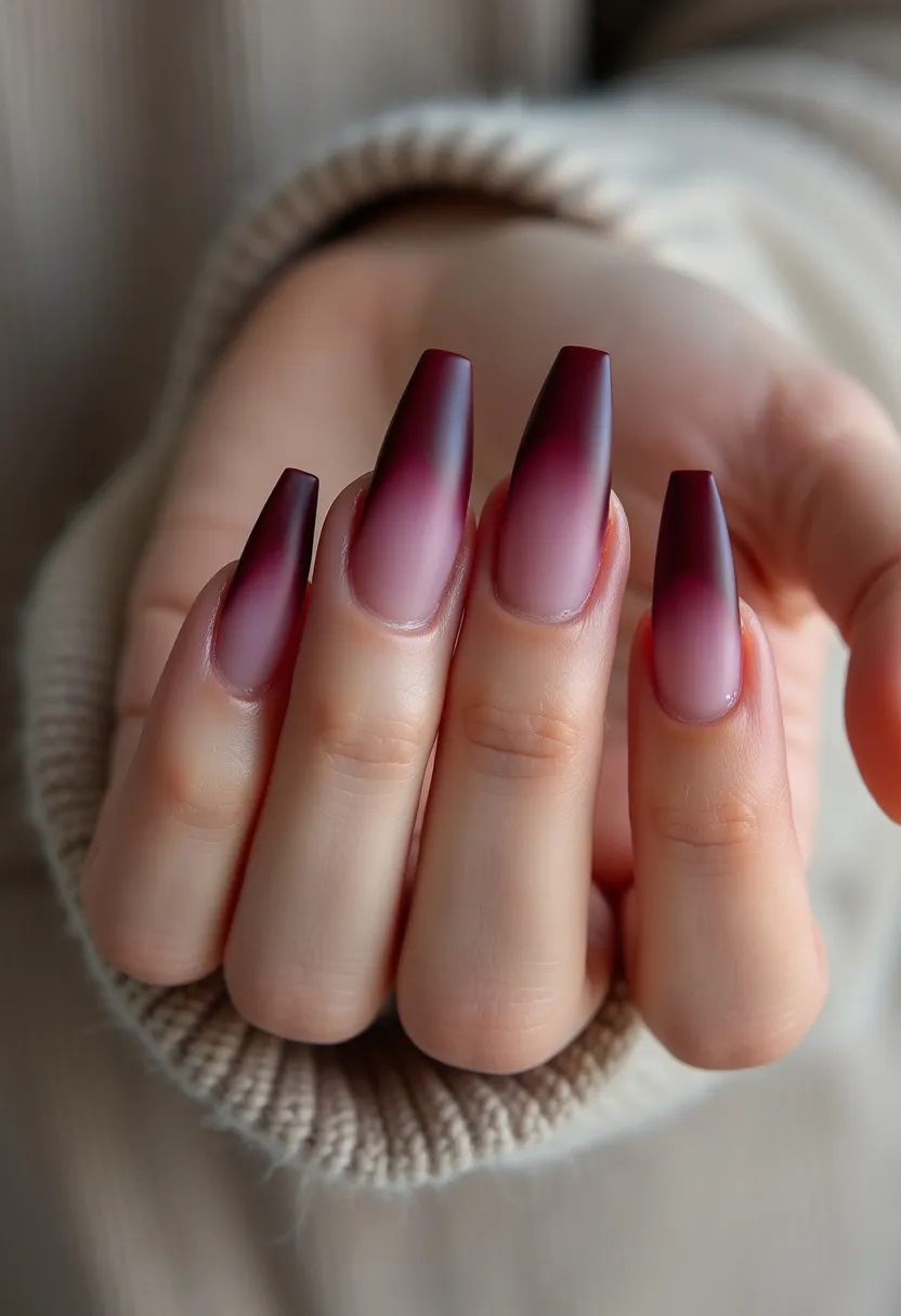 The nail design features a sophisticated and elegant color palette with a gradient transition from a soft, natural nude at the base to a deep, rich burgundy at the tips. The nails are shaped into long, sharp stiletto points which accentuate the dramatic ombre effect. The finish appears to be a matte texture, likely achieved through a gel treatment, giving the nails a velvety appearance. There are no additional intricate patterns or decorations, allowing the gradient to be the focal point of the design. This aesthetic is well-suited for the autumn or winter seasons, offering a chic and stylish look for any special occasion during these times of the year.