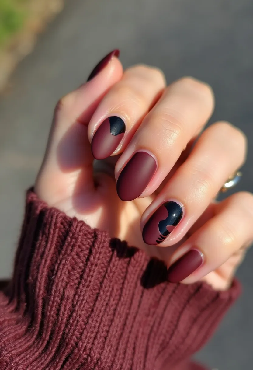 The nail design features a striking color palette of deep burgundy and matte black, creating a sophisticated and elegant look. The nails are almond-shaped, providing a flattering and elongated appearance. Most nails are painted in a solid burgundy matte color, while accent nails display intricate patterns with a combination of burgundy and matte black creating a unique design that stands out. Notably, one of the nails features a black curved shape that adds dimension and artistic flair. The use of a matte finish throughout suggests that a gel or shellac treatment may have been used, ensuring durability and a sleek look. The overall design exudes a cozy, autumnal vibe, making it suitable for the fall season and special occasions like festive gatherings or formal events.