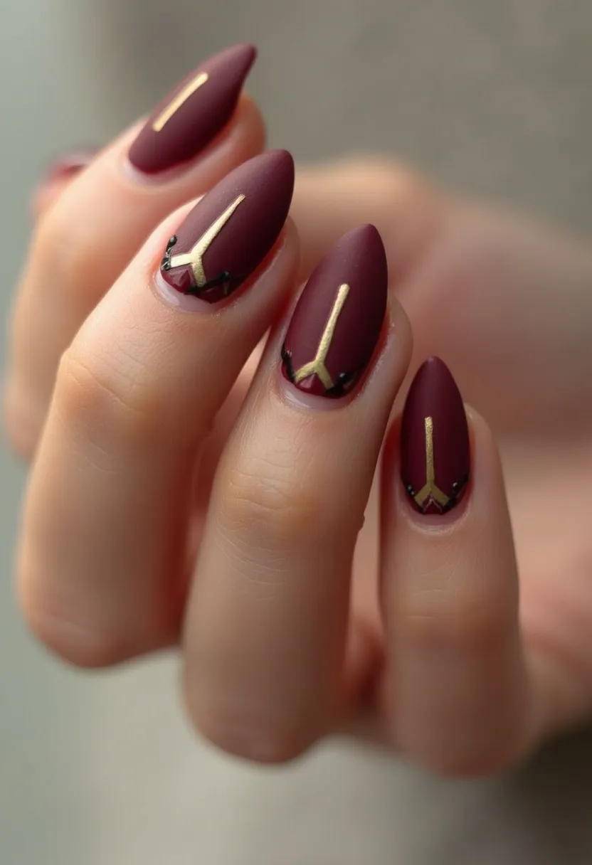 The nail design features a rich, matte maroon color palette with elongated almond-shaped nails, meticulously adorned with sleek gold geometric patterns. Each nail showcases a bold, vertical gold stripe starting near the cuticle and extending toward the tip, delivering a modern and elegant touch. Intricate black and other gold embellishments enhance the base of the nails, providing a sophisticated contrast. The polish likely involves a gel treatment, achieving a smooth, lasting finish. This design exudes a warm, autumnal feel, making it ideal for fall or winter seasons and suitable for special occasions requiring a refined but striking look.