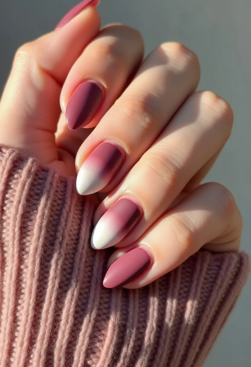 The nail design features a blended color gradient palette transitioning from deep mauve to soft white, providing a sophisticated ombre effect. The nails are shaped in a stiletto style, with a pointed tip that gives a stylish and elongated appearance. This nail art appears to be achieved using gel polish, giving a glossy and durable finish. The ombre pattern is seamlessly blended, creating a chic and elegant look that could complement both casual and formal attire. The color scheme and overall design evoke a seasonal theme suitable for autumn or winter, enhancing the cozy and warm aesthetic often associated with these colder months.