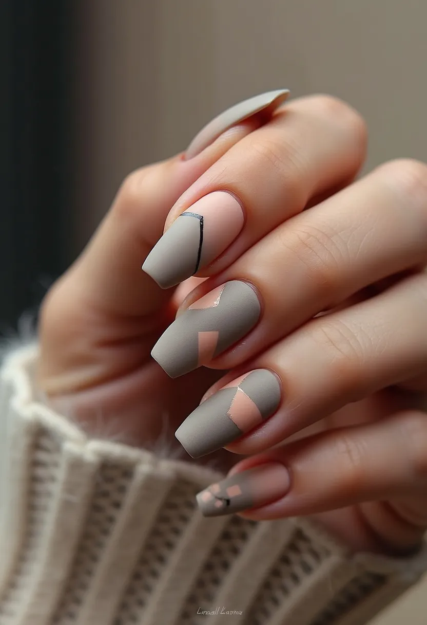 The nail design features a sophisticated blend of muted tones, prominently using a matte gray and a soft, peachy nude. The nails are shaped in a medium-length coffin style, providing a stylish and modern silhouette. Intricate geometric patterns adorn each nail, combining the two main colors with precise black lines to create an abstract, yet harmonious look. The design is consistent across all nails, showcasing a balanced distribution of the color palette. Given the matte finish and the clean lines, this design is likely achieved through gel or acrylic treatment. Its understated elegance makes it suitable for various occasions, from professional settings to chic events, and it could easily complement a winter or autumn theme due to its muted tones.