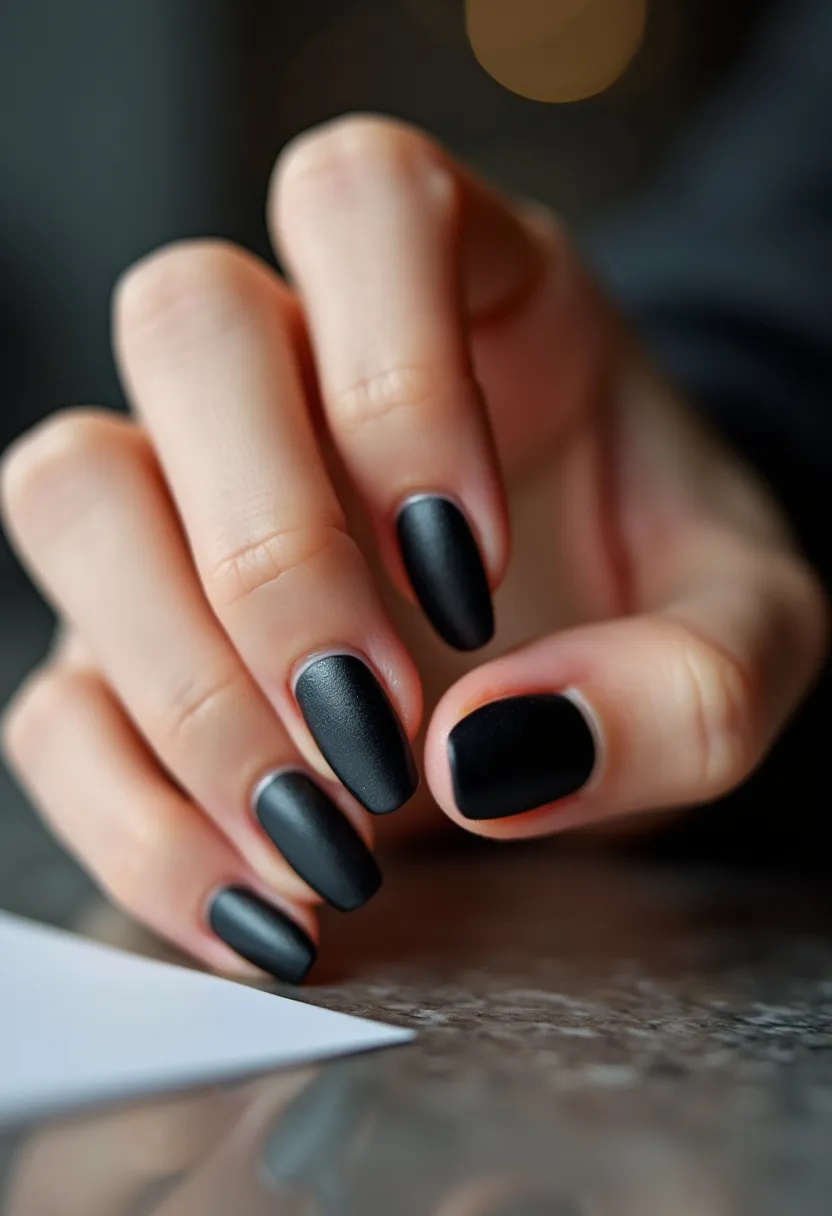 The nail design features a sleek, matte black color palette, giving a sophisticated and modern look. The nails are shaped in a short almond style, enhancing the elegance of the design. The matte finish likely indicates the use of a gel nail treatment due to its smooth and durable appearance. There are no additional intricate patterns or decorations, focusing on a minimalist aesthetic. This style is versatile, suitable for various occasions, and can be worn during any season, though it does have a particular chicness that fits well with formal or stylish events.