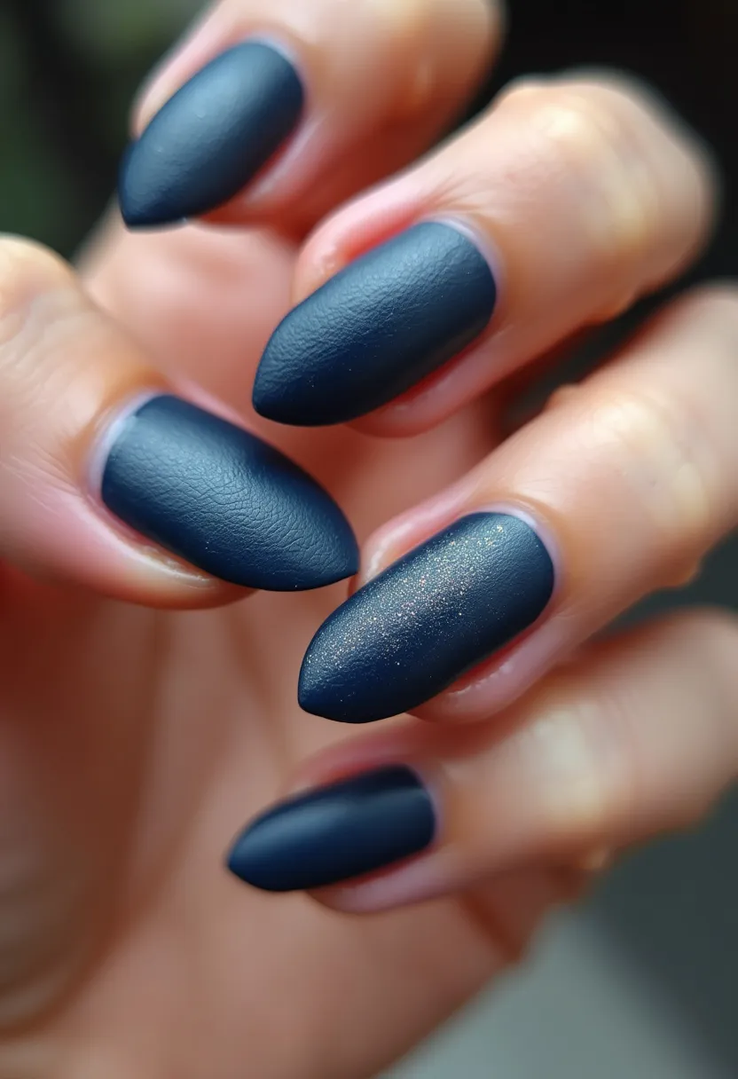 This nail design features an elegant dark matte navy blue color palette, creating a sophisticated and understated look. The nails are almond-shaped, enhancing the elegance of the design. One nail on each hand highlights a subtle and refined shimmering pattern, which adds a touch of glamour without overpowering the overall simplicity. The matte finish suggests that either a gel or matte topcoat was used, giving it a modern and chic appearance. This design would be ideal for the winter season or formal occasions, providing a classy and contemporary look.