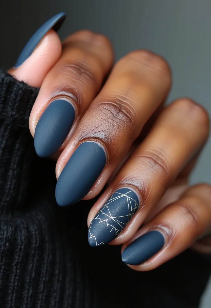 The nail design features a sophisticated and stylish matte finish in a dark, moody blue color palette. The nails are shaped into a modern almond shape, providing an elegant and elongating effect. Notably, the ring finger has a distinctive geometric pattern in white, creating an eye-catching contrast against the deep blue hue. The use of gel polish is evident from the smooth and flawless application, ensuring durability and a chic matte effect. This design emits a minimalistic yet contemporary vibe, making it suitable for both everyday wear and special occasions, especially in the fall and winter seasons.