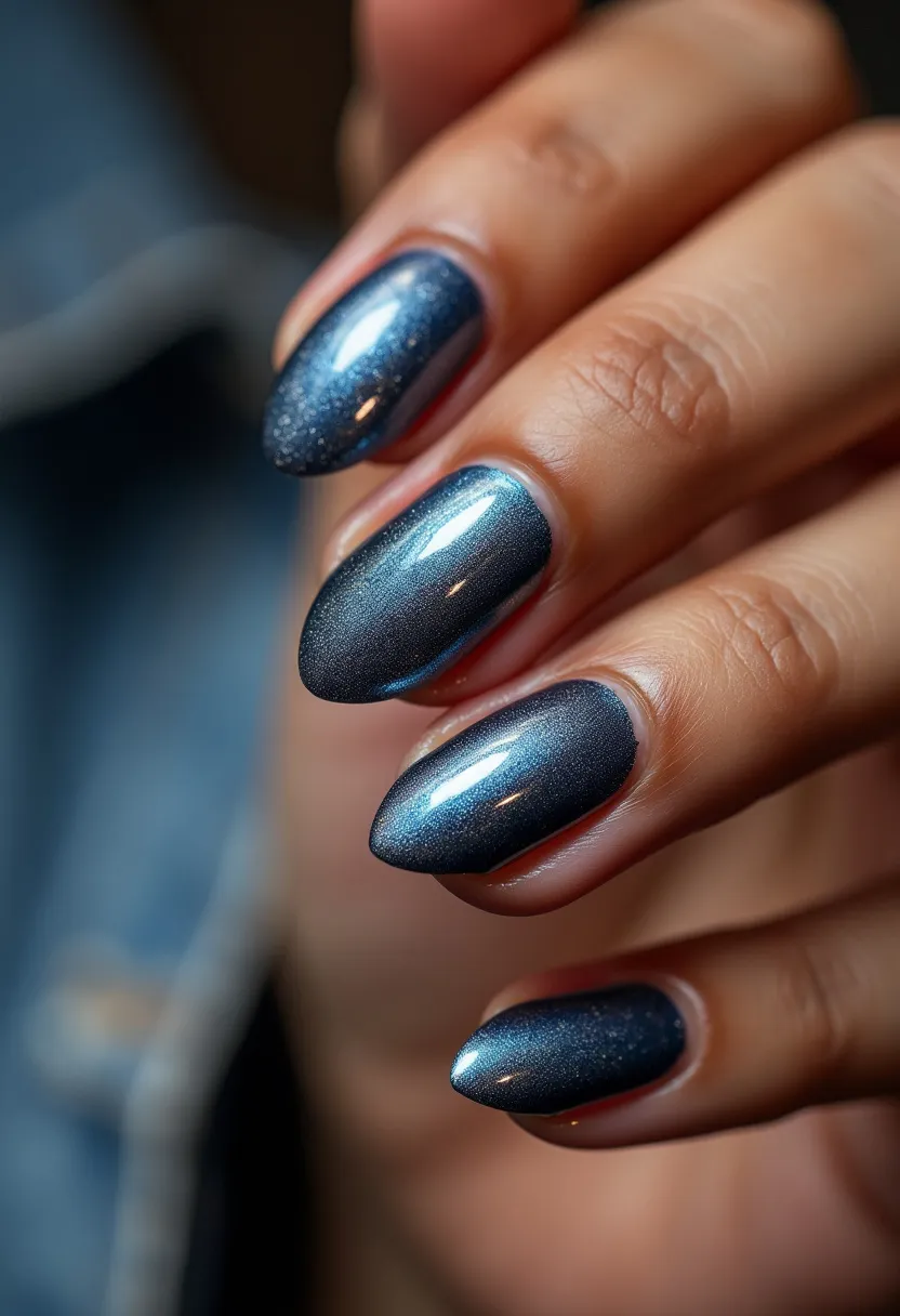 The nail design features a sophisticated and elegant nail color palette in a metallic navy blue with a slight gradient effect, adding depth and shine to the finish. The nails are shaped in a medium-length almond style, which elongates the fingers and provides a chic and modern look. The nail treatment appears to be gel polish, given its high-gloss finish and smooth surface, which also suggests durability and low maintenance. The shimmering effect within the blue hue suggests a subtle use of fine glitter or reflective particles, creating a dynamic look that catches the light beautifully. This design is versatile and can be suitable for both everyday wear and special occasions, hinting at a winter or evening event due to the cool tone and sophisticated shimmer.