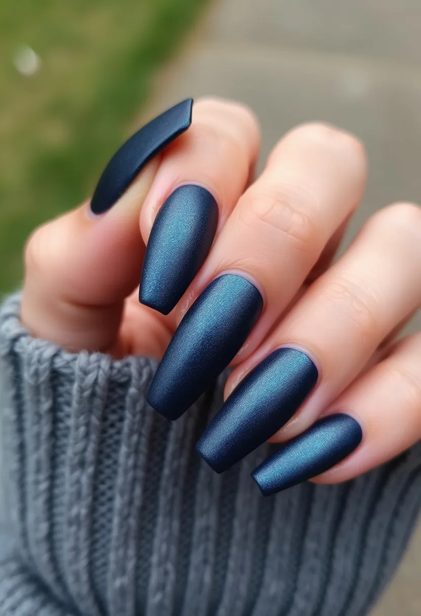 The nail design showcases elegant, long coffin-shaped nails coated in a lustrous, deep navy-blue hue with a shimmering, metallic finish. The nails appear to be treated with gel, providing a smooth, glossy, and durable surface. The color palette remains consistent across all the nails, embracing a monochromatic theme with no additional patterns or decorations. The choice of dark blue gives it a sophisticated and versatile look suitable for winter or evening events, adding a touch of a luxurious and polished appearance.