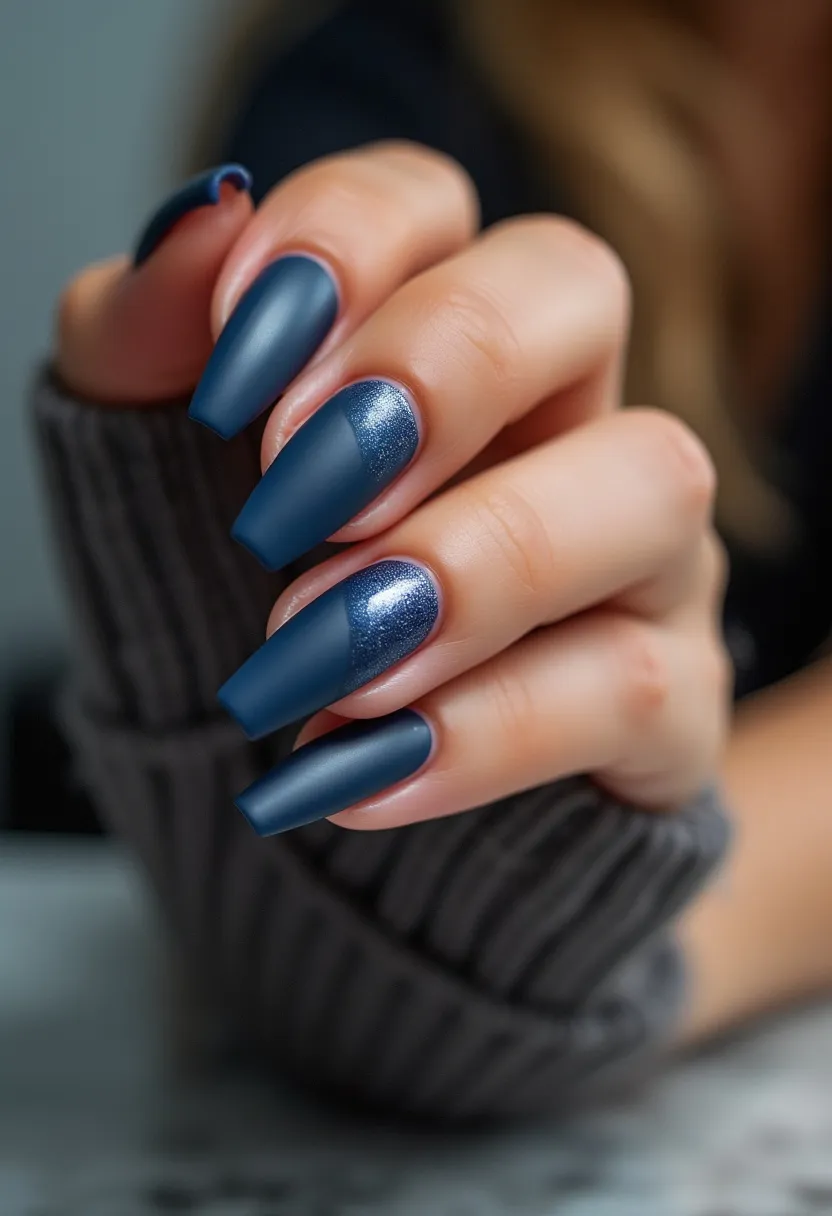 The nail design features a chic, matte navy blue color palette, punctuated with a striking metallic blue accent. The nails are shaped into a long coffin style, providing a sleek and elegant outline. The most distinctive decorative element is on the ring finger, where the metallic blue polish transitions seamlessly into the matte navy at the tip, adding a touch of shimmer and contrast. This design is likely achieved with gel polish, ensuring a smooth and durable finish. The overall look is classy and sophisticated, suitable for both winter and special occasions, adding a sophisticated edge to any outfit.