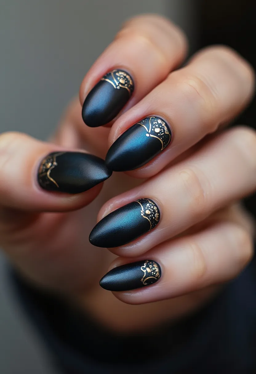 The nail design presented features a matte black color palette, creating an elegant and sophisticated look. The nails are almond-shaped, providing a chic and refined silhouette. An intricate pattern consisting of gold and silver accents embellishes the lunula area, adding a touch of glamour and luxury. These patterns resemble delicate, ornate lace or filigree designs, meticulously crafted to enhance the overall aesthetic. The use of gel treatment is apparent, given the smooth and glossy finish of the artwork, which adds durability and shine to the nails. This nail art can be seen as suitable for a special evening event or a seasonal theme like winter or festive occasions, given its dark, rich colors and glittering details.