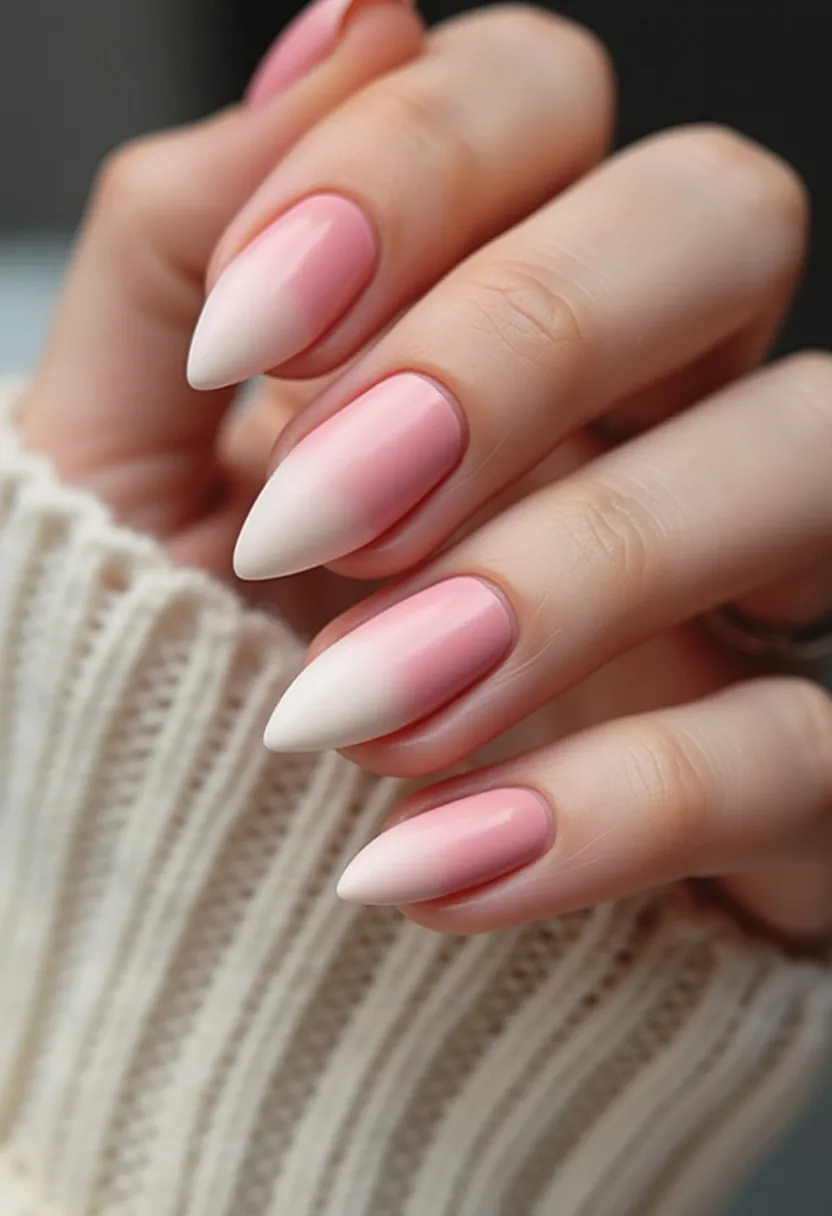 The nail design features striking stiletto-shaped nails, showcasing a smooth gradient manicure that transitions seamlessly from a soft pink at the cuticles to a pristine white at the tips. The polish used appears to be gel due to its high-gloss finish and durability. This elegant ombre effect is simple yet sophisticated, making it versatile for various occasions. The choice of colors and the elongated nail shape suggest an aesthetic that is both chic and modern, suitable for special events while still maintaining an understated beauty that can complement everyday wear.