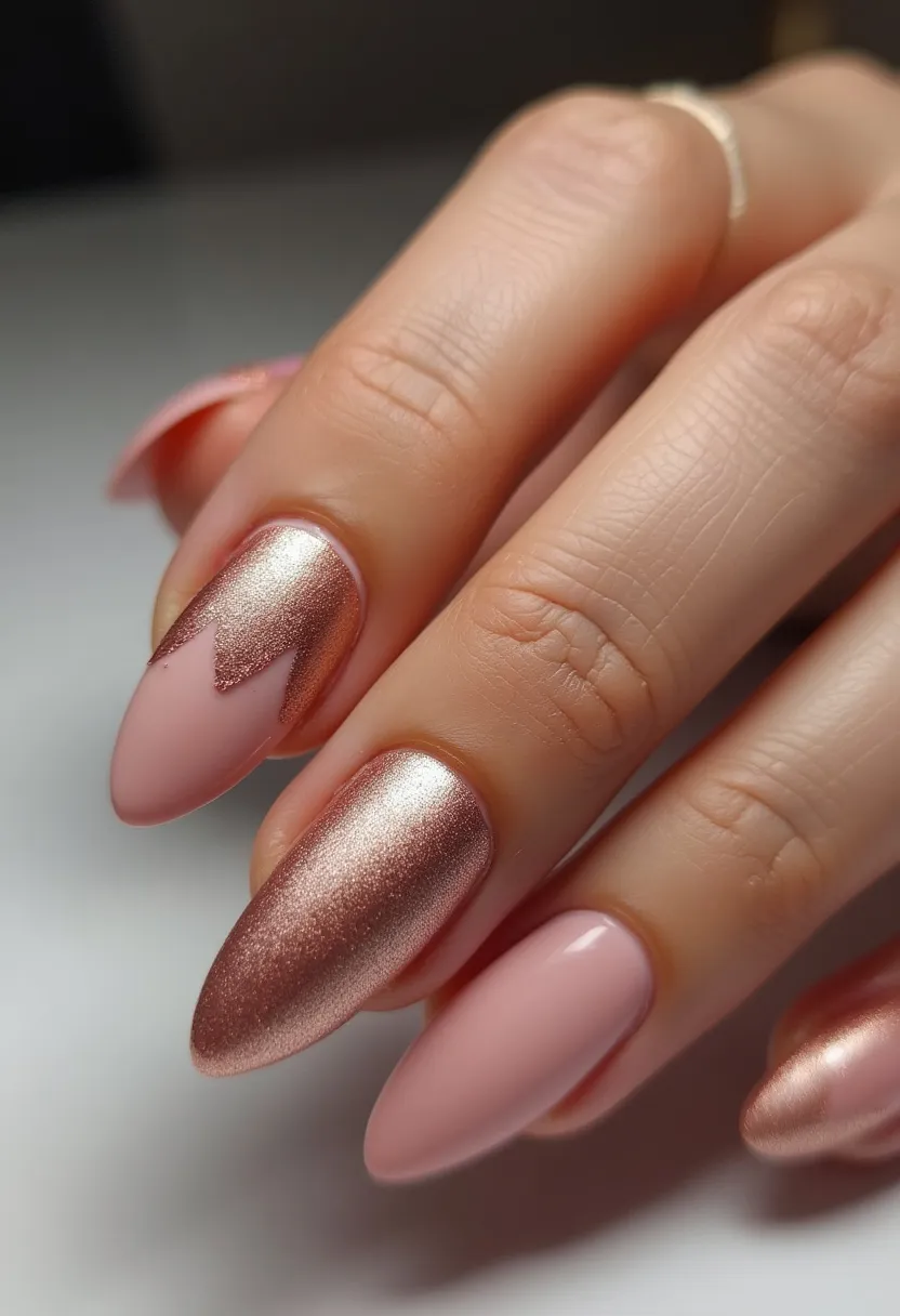 The nail design features a sophisticated color palette consisting of a soft, matte pink and a metallic rose gold. The nails are almond-shaped, providing an elegant and elongated look. Two of the nails showcase a unique, artistic pattern where the metallic rose gold forms a diagonal block design that transitions into the matte pink, creating a striking yet harmonious contrast. This pattern could indicate a gel or dip treatment, given the smoothness and durability of the finish. The combination of these colors and the subtle yet intricate design makes this nail art suitable for special occasions, such as weddings or festive celebrations, providing a touch of glamour and refinement.